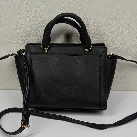 Michael Kors Tina Satchel Black Leather Gold Hardware Medium Bag - Picture 4 of 13